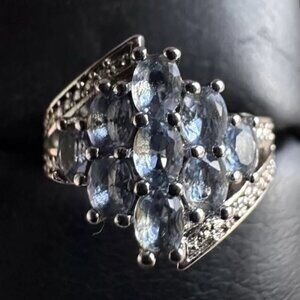 Blue Tanzanite White Sapphire 925 Sterling Silver Cluster Ring Size 7.75